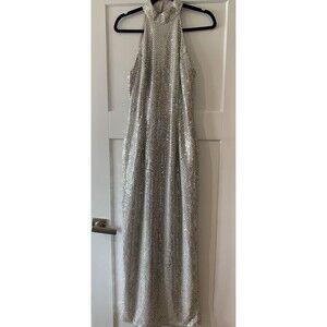 Roberta Silver Sequin Maxi Sheath Dress Halter Neck Y2K Vintage Sz 11/12 Glam